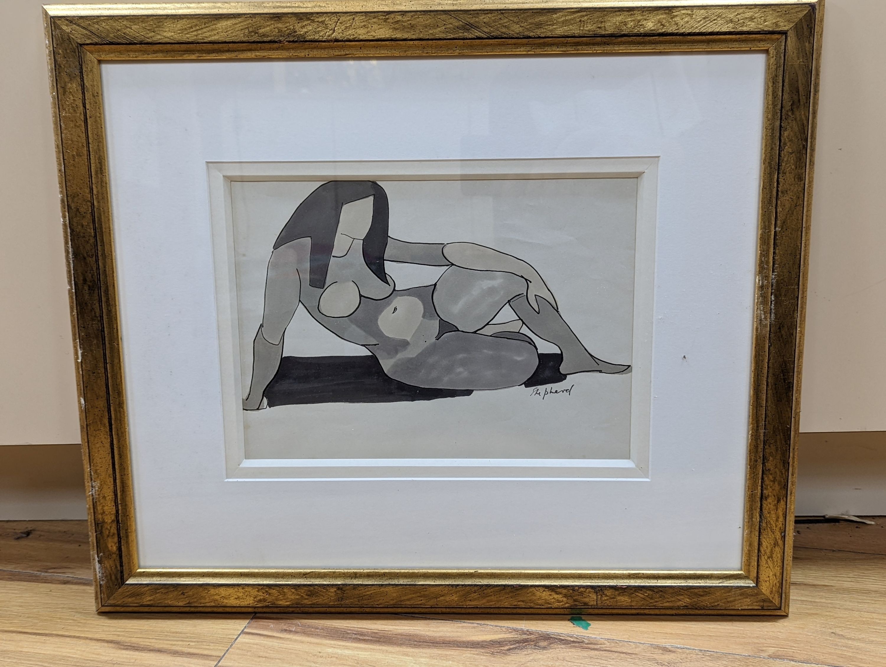Sidney d'Horne Shepherd (1909-1993), ink and watercolour, Seated nude, signed, 19 x 27cm